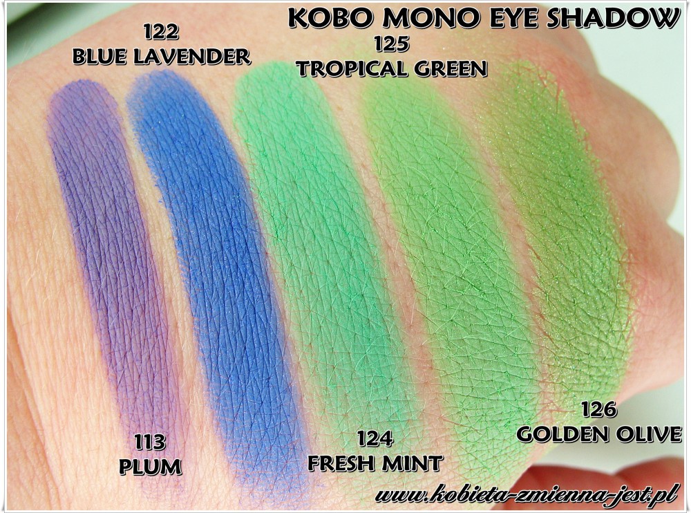 Kobo MONO EYE SHADOW wkłady do palety 113 PLUM 122 BLUE LAVENDER 124 FRESH MINT 125 TROPICAL GREEN 126 GOLDEN OLIVE swatche blog