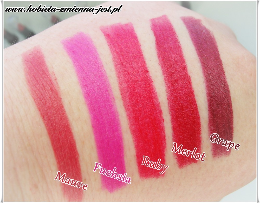 matowa szminka Avon Ultra Colour swatche mauve fuchsia ruby merlot grape blog