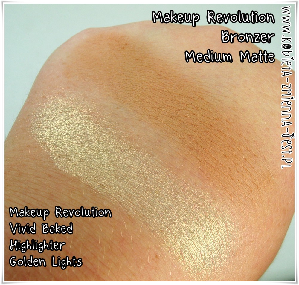 Makeup Revolution Highlighter Golden Lights Makeup Revolution Bronzer Medium Matte blog swatches review
