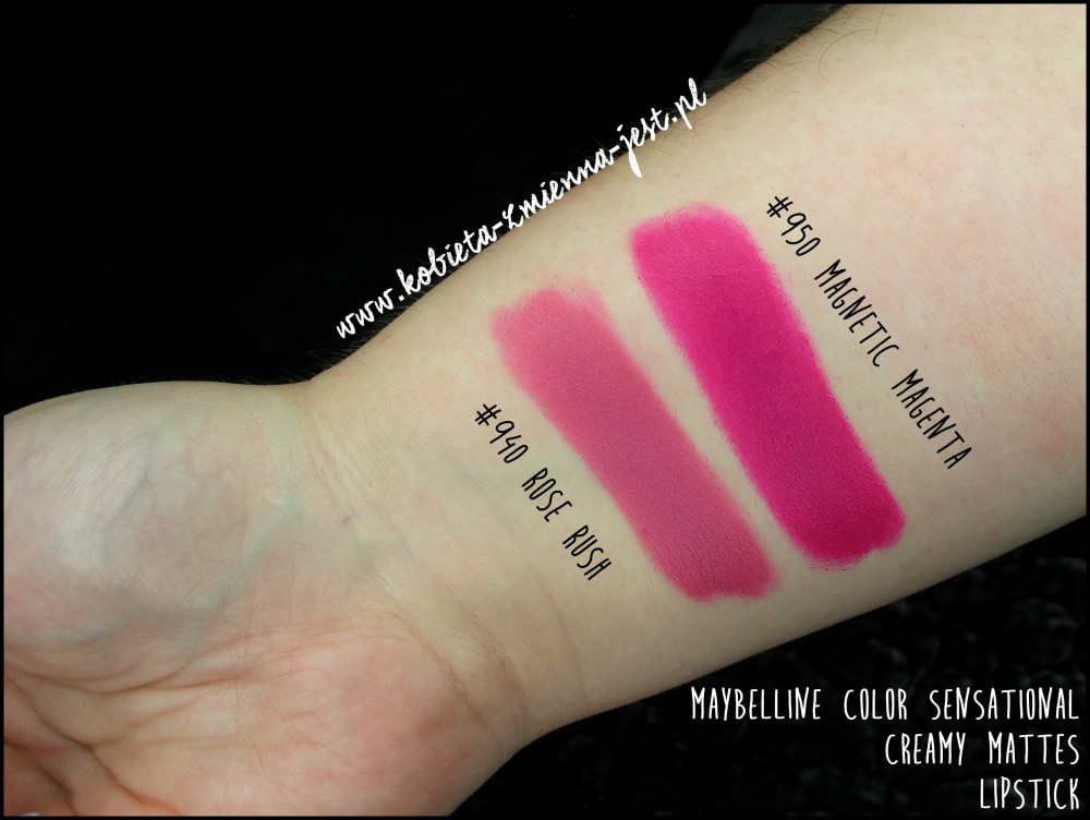 Color Sensational Creamy Mattes Lipstick Maybelline 940 Rose Rush 950 Magnetic Magenta swatches